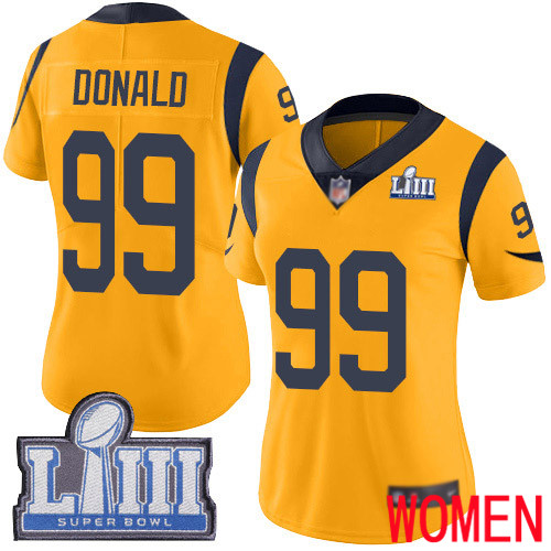 Los Angeles Rams Limited Gold Women Aaron Donald Jersey NFL Football #99 Super Bowl LIII Bound Rush Vapor Untouchable